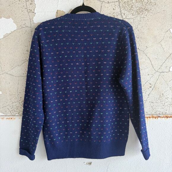 Vtg 80s Cardigan Nordic Fair Isle Sweater Navy Heart Made in USA Classic Women S - Picture 6 of 8